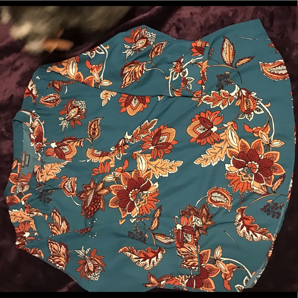 Teal blouse with orange fall pattern